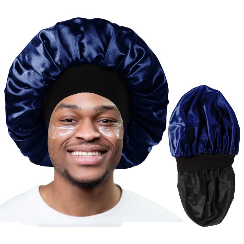 Himoswis Bonnet for Men Hair Bonnet for Sleeping Double Layer Satin Bonnets for Black Women Curly Hair Braids Reversible Sleep Cap (Large Black/Navy) - Image 1